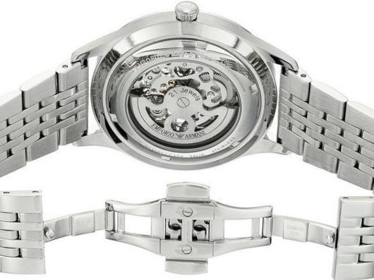 Emporio Armani Meccanico Silver Skeleton Dial Stainless Steel Watch For Men - AR1945 Watches Emporio Armani   