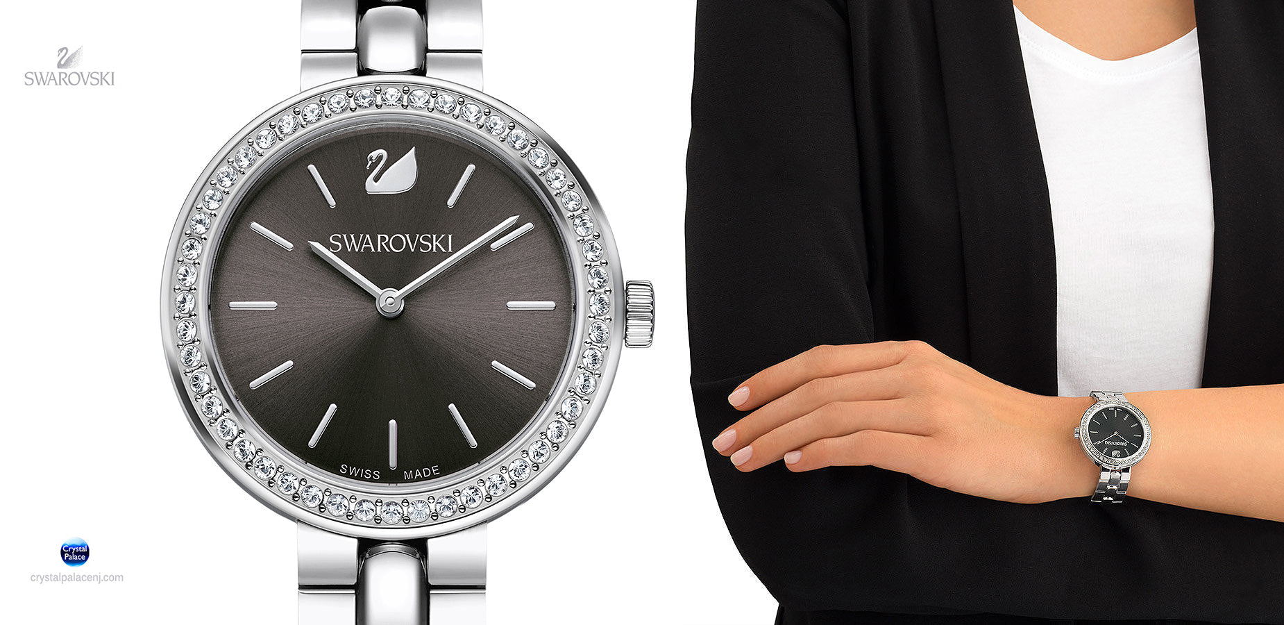 Swarovski Daytime Rhinestone Grey Dial Silver Steel Strap Watch for Women - 5213681 Watches Swarovski   