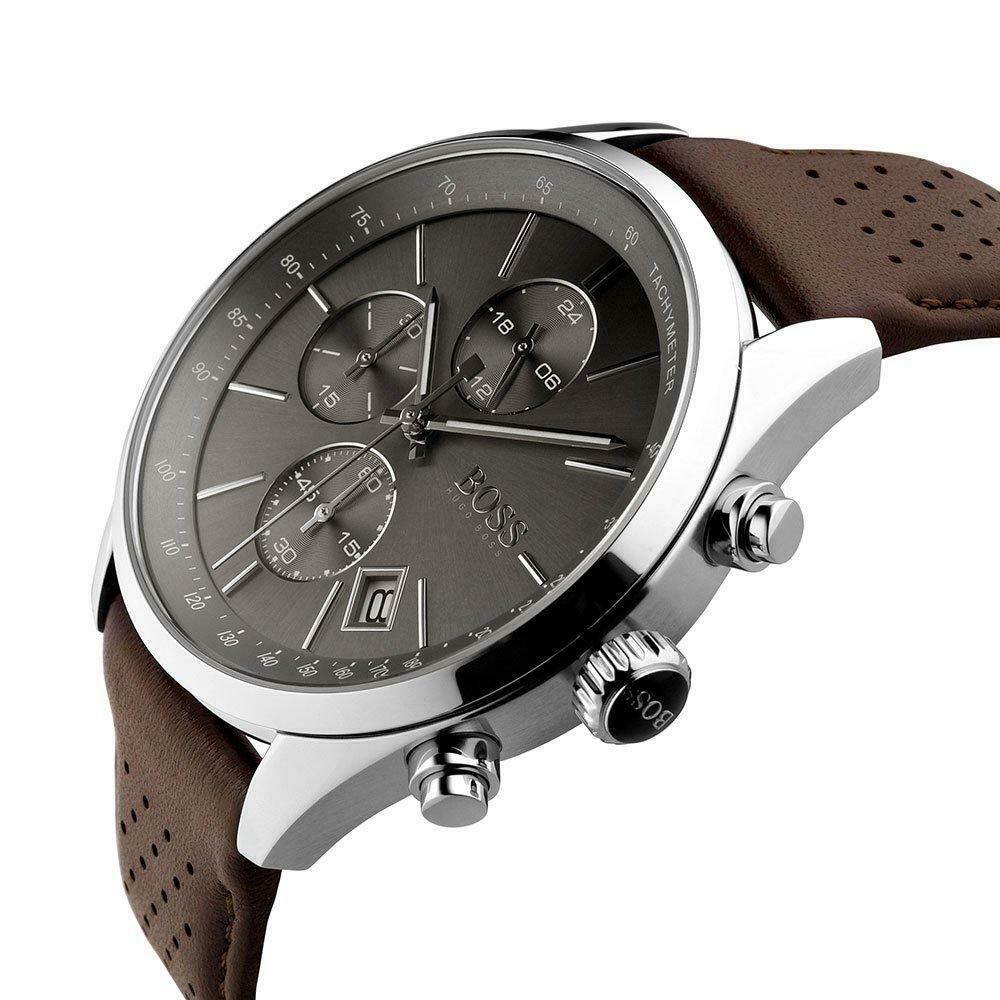 Hugo Boss Grand Prix Grey Dial Brown Leather Strap Watch for Men -  1513476 Watches Hugo Boss   