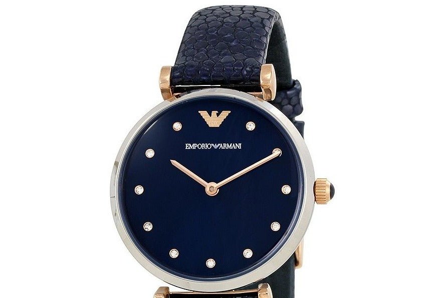 Emporio Armani Gianni T Bar Analog Blue Dial Black Leather Strap Watch For Women - AR1989 Watches Emporio Armani   