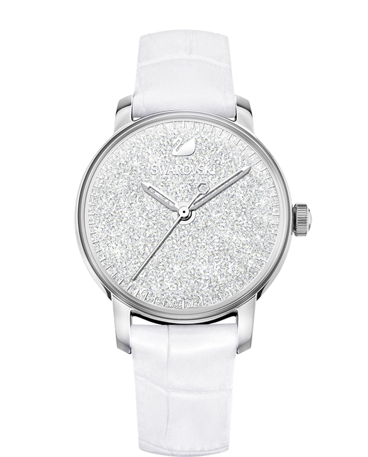 Swarovski Crystalline Hours Silver Dial White Leather Strap Watch for Women - 5295383 Watches Swarovski   