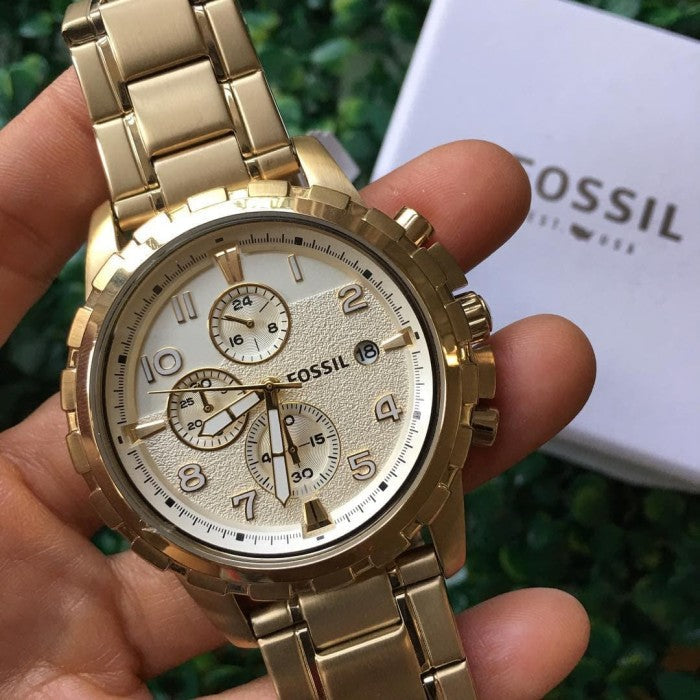 Fossil Dean Chronograph Champagne Dial Gold Steel Strap Watch for Men - FS4867 Watches Fossil   