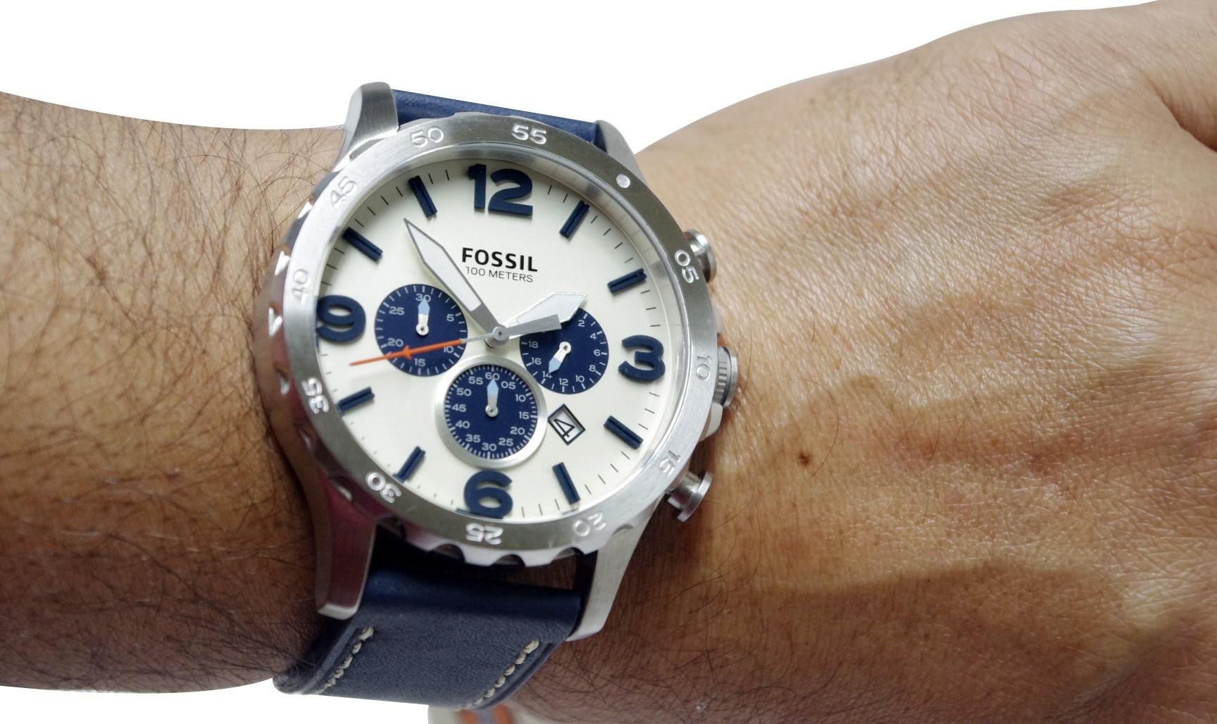 Fossil Nate Chronograph White Dial Blue Leather Strap Watch for Men - JR1480 Watches Fossil   