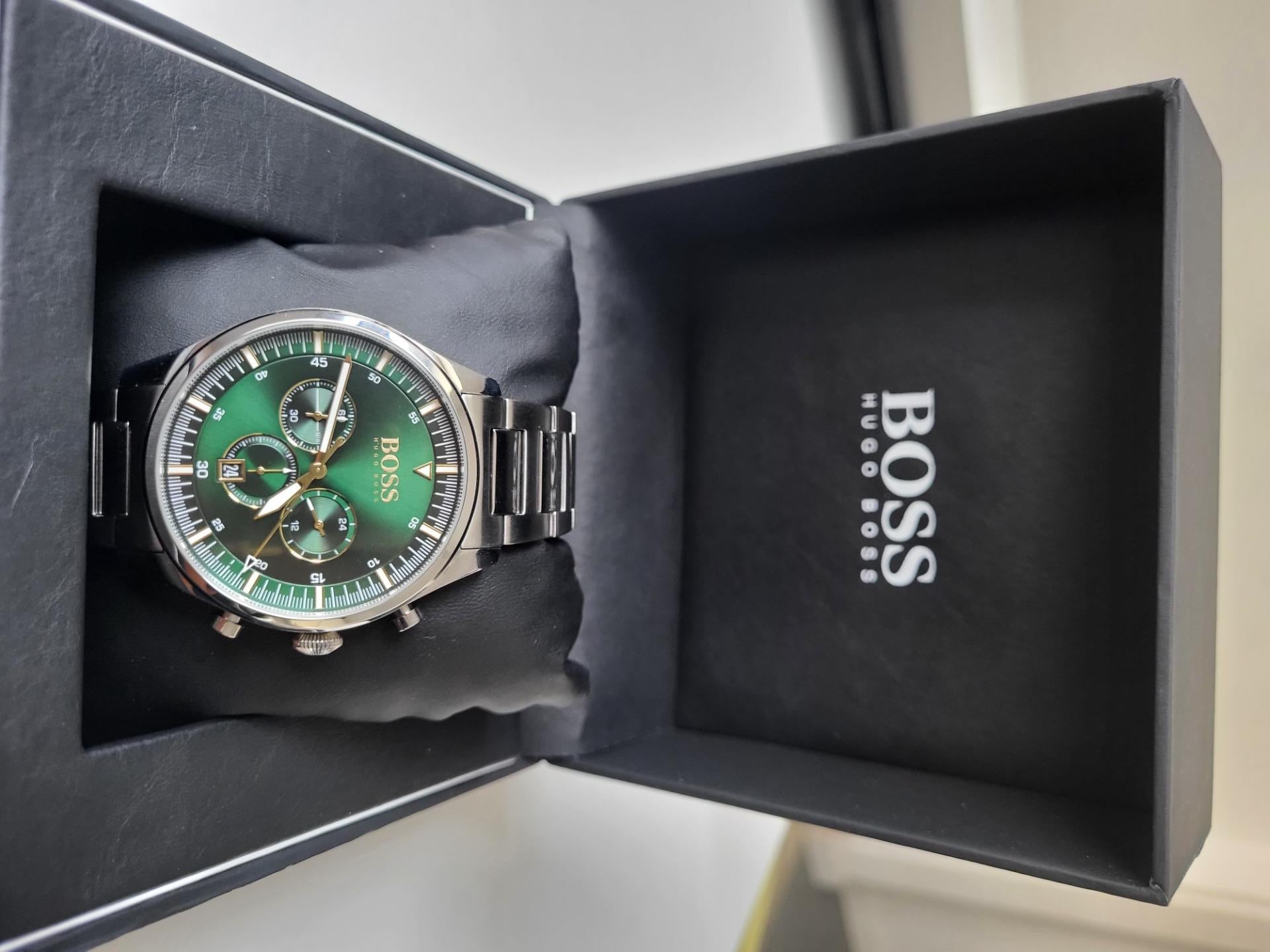 Hugo Boss Pioneer Green Dial Silver Steel Strap Watch for Men - 1513868 Watches Hugo Boss   