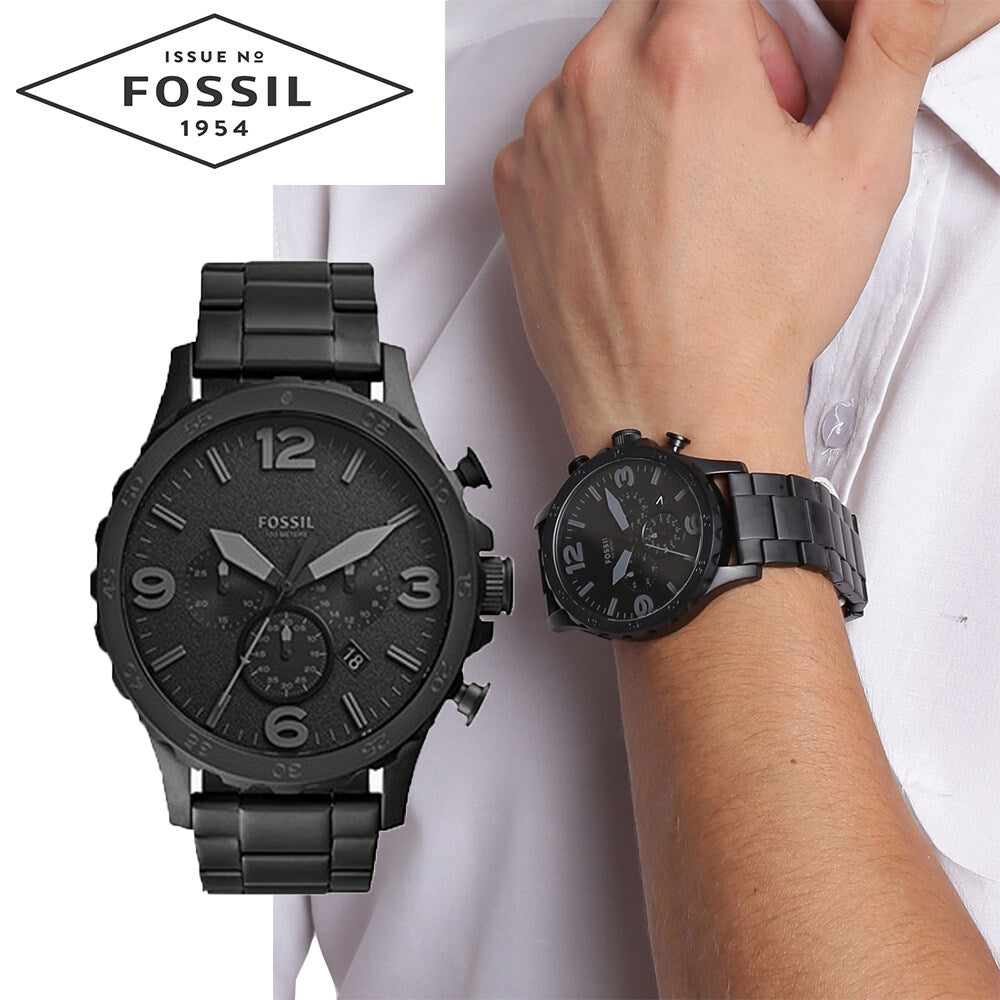 Fossil Nate Chronograph Black Dial Black Steel Strap Watch for Men - JR1401 Watches Fossil   