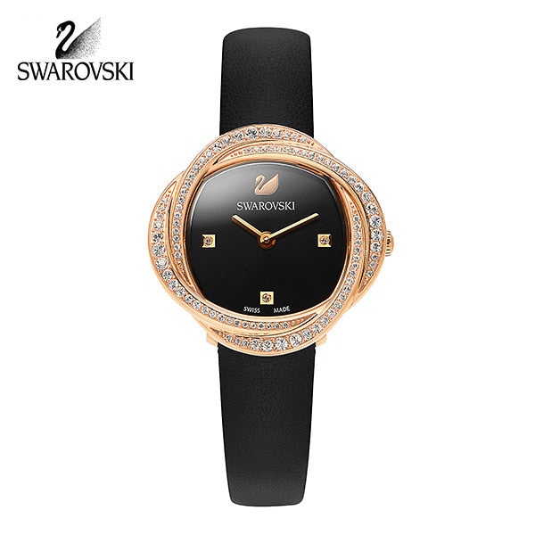 Swarovski Crystal Flower Black Dial Black Leather Strap Watch for Women - 5552421 Watches Swarovski   