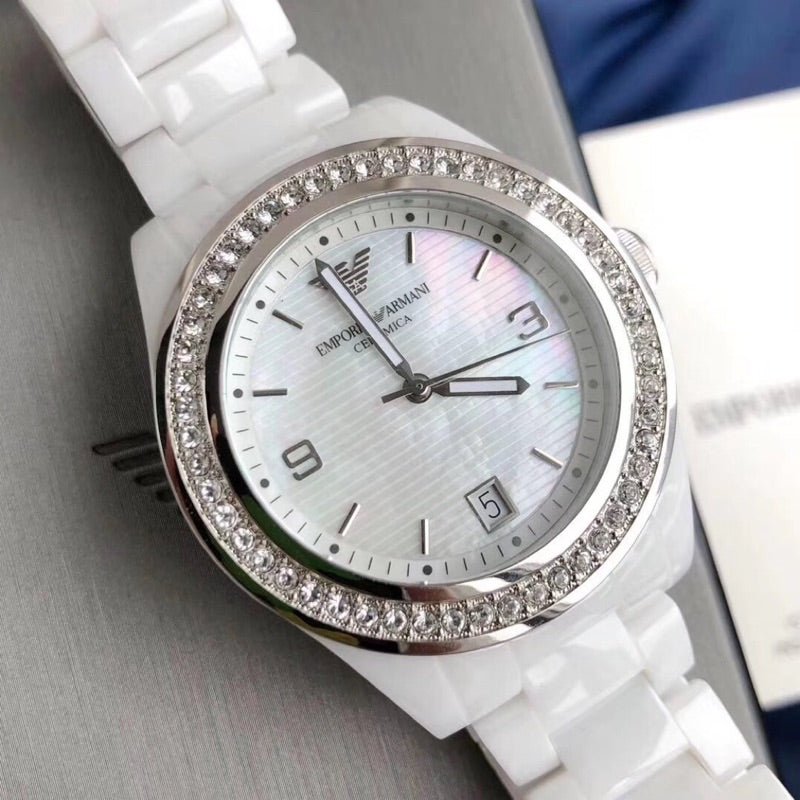 Emporio Armani Ceramica White Mother of Pearl Dial Stainless Steel Strap Watch For Women - AR1426 Watches Emporio Armani   