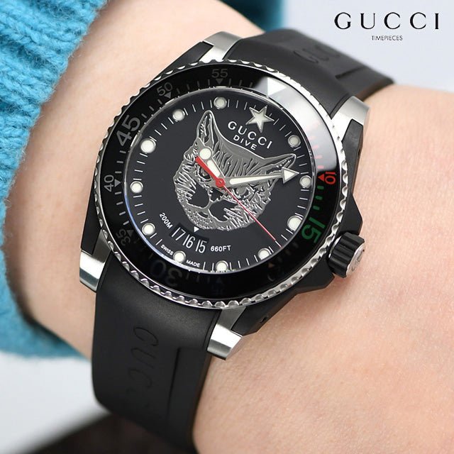 Gucci Dive Feline Black Dial Black Rubber Strap Watch For Men - YA136323 Watches Gucci   