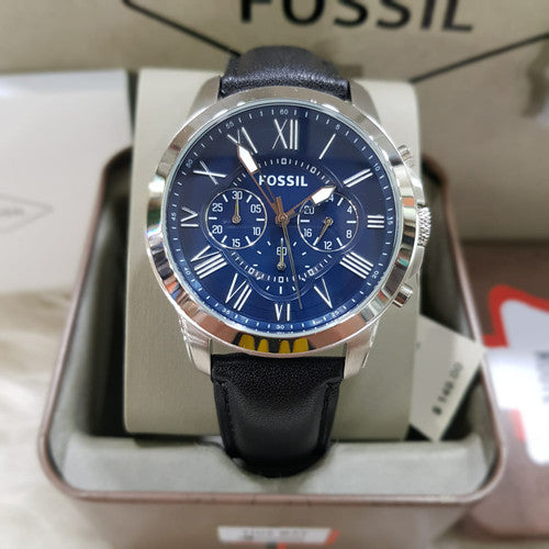 Fossil Grant Chronograph Blue Dial Black Leather Strap Watch for Men - FS4990 Watches Fossil   