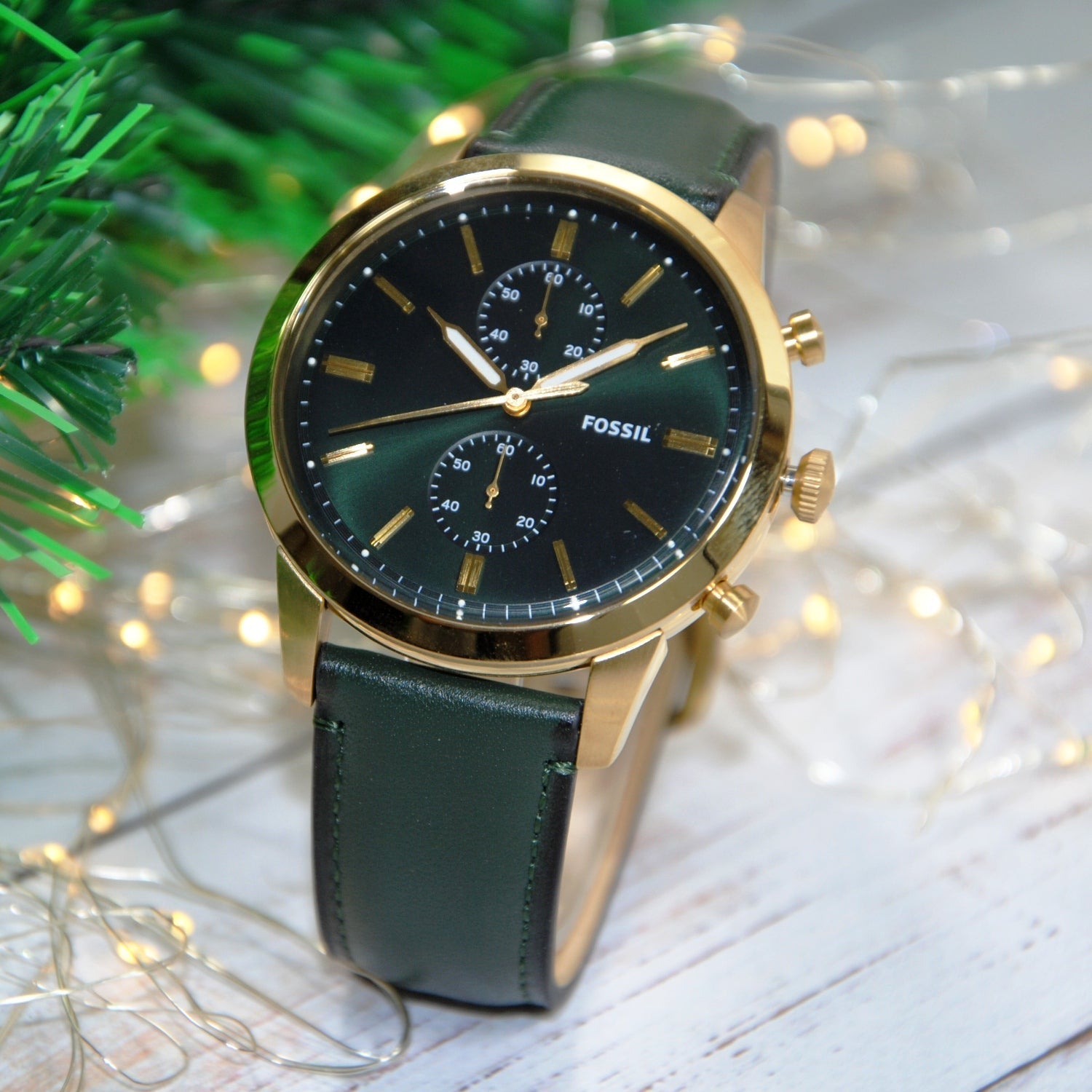 Fossil Townsman Chronograph Green Dial Green Leather Strap Watch for Men - FS5599 Watches Fossil   