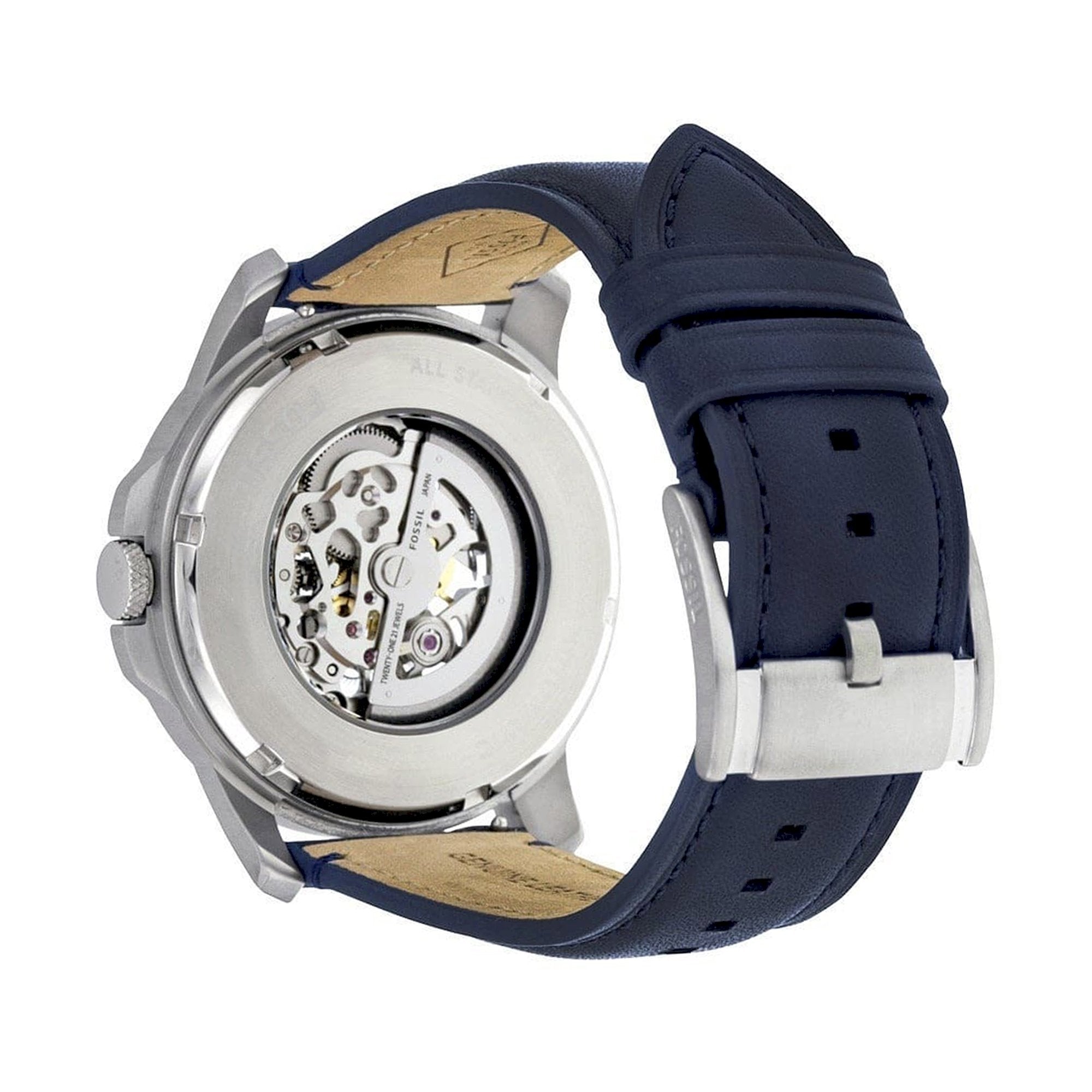 Fossil Grant Automatic Skeleton Silver Dial Blue Leather Strap Watch for Men - ME3111 Watches Fossil   