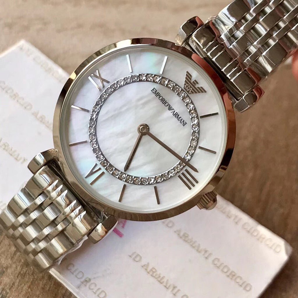 Emporio Armani Gianni T-Bar Mother of Pearl Dial Silver Stainless Steel Watch For Women - AR1908 Watches Emporio Armani   