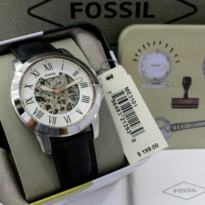 Fossil Grant Automatic Skeleton White Dial Black Leather Strap Watch for Men - ME3101 Watches Fossil   