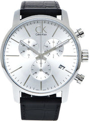 Calvin Klein City Chronograph Silver Dial Black Leather Strap Watch for Men - K2G271C6 Watches Calvin Klein   