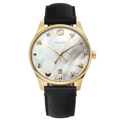 Gucci G-Timeless Mother of Pearl Dial Black Leather Strap Watch For Women - YA1264044 Watches Gucci   