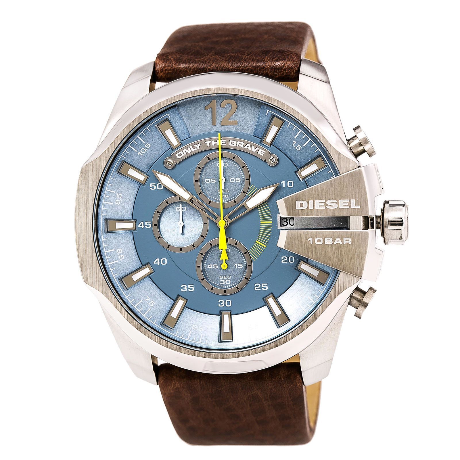 Diesel Mega Chief Light Blue Dial Brown Leather Strap Watch For Men - DZ4281 Watches Diesel   