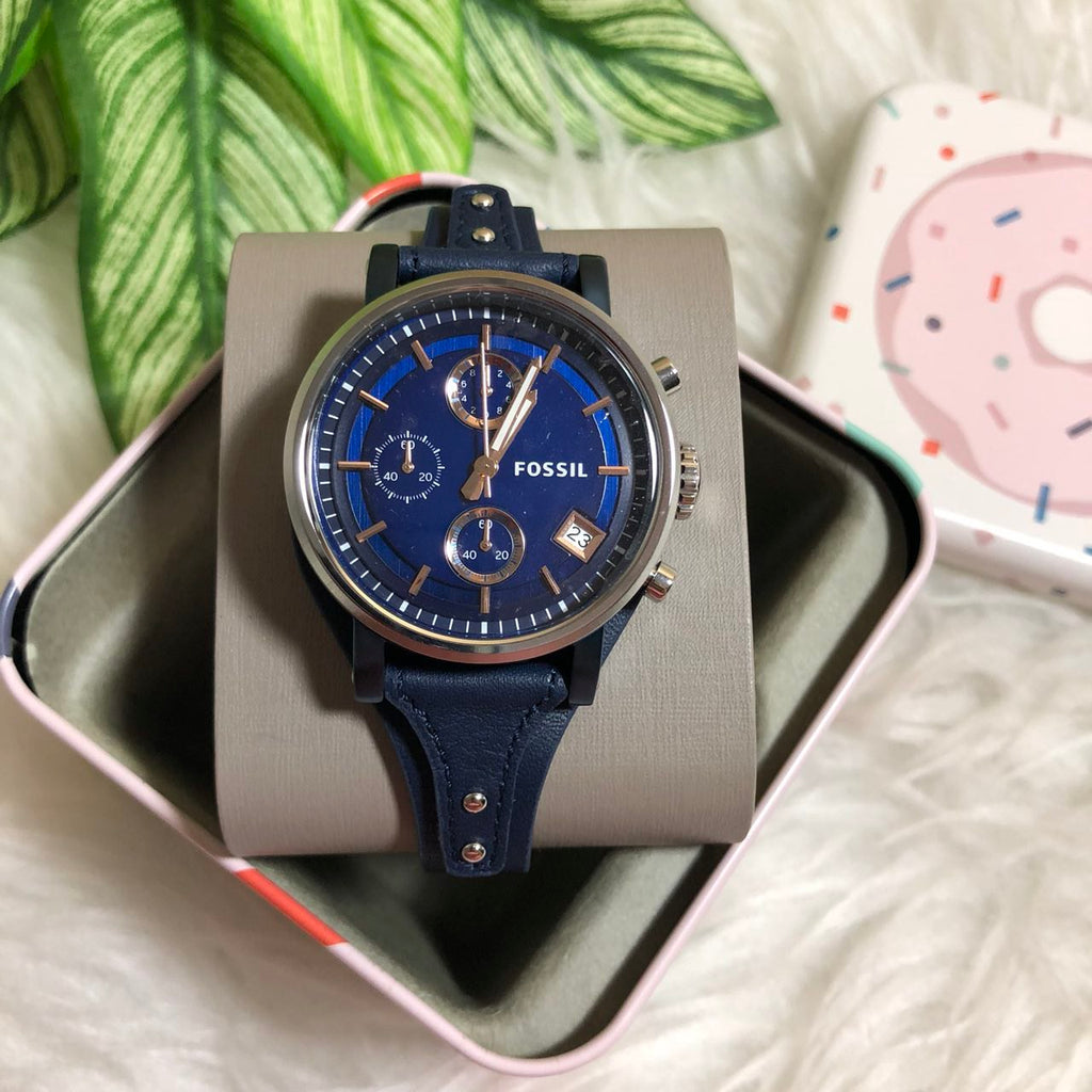 Fossil Boyfriend Sport Chronograph Blue Dial Blue Leather Strap Watch for Women - ES4113 Watches Fossil   