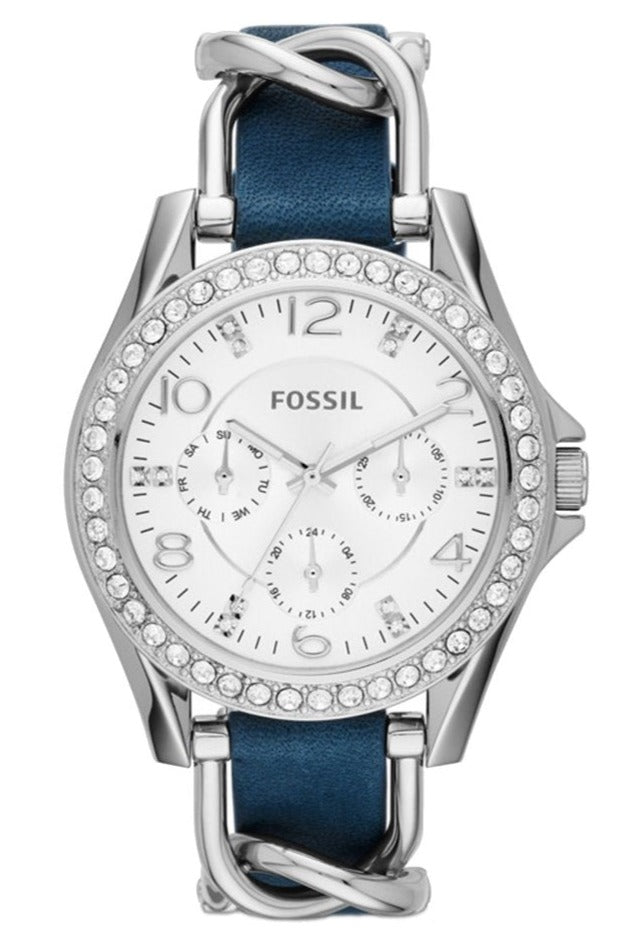 Fossil Riley White Dial Blue Leather Strap Watch for Women - ES3464 Watches Fossil   