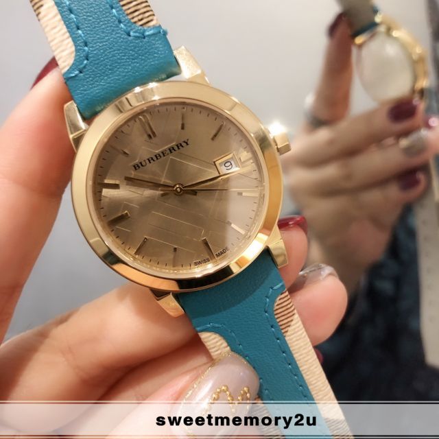 Burberry The City Gold Dial Turquoise Leather Strap Watch for Women - BU9018 Watches Burberry   