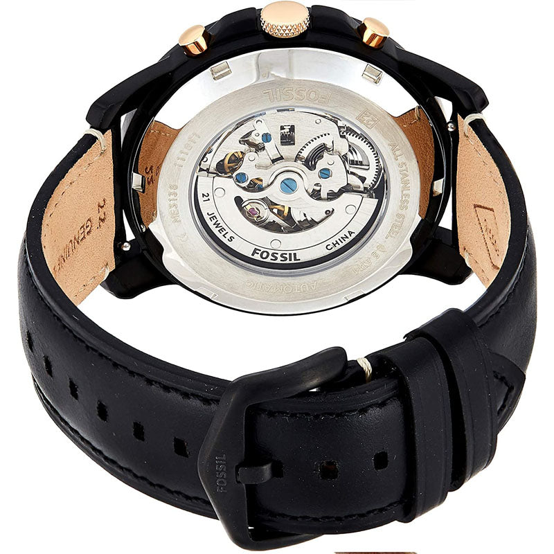 Fossil Grant Sport Automatic Skeleton Black Dial Black Leather Strap Watch for Men - ME3138 Watches Fossil   