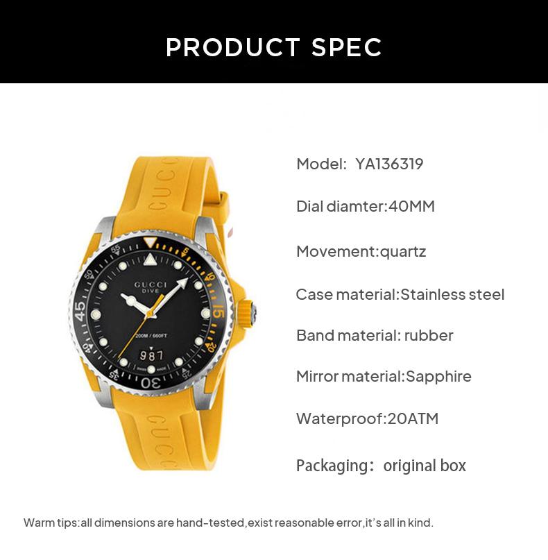 Gucci Dive Black Dial Yellow Rubber Strap Watch For Men - YA136319 Watches Gucci   