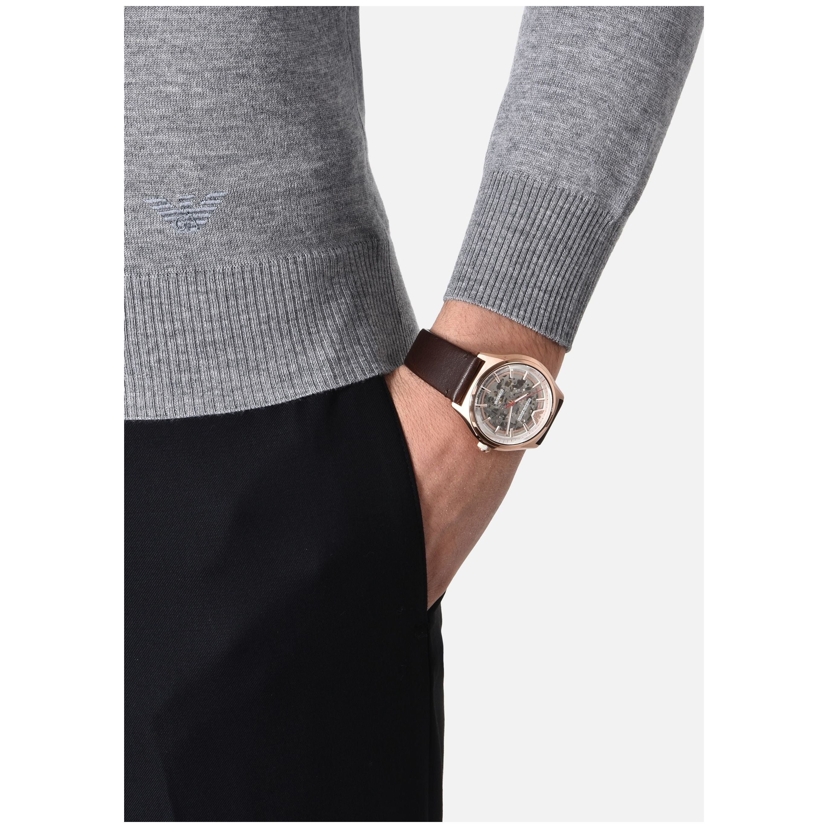 Emporio Armani Meccanico White Skeleton Dial Brown Leather Strap Watch For Men - AR60005 Watches Emporio Armani   