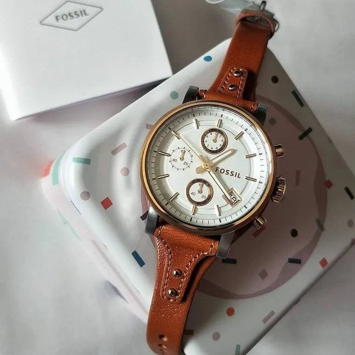 Fossil Boyfriend Chronograph White Dial Brown Leather Strap Watch for Women - ES3837 Watches Fossil   