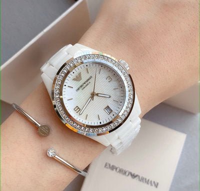 Emporio Armani Ceramica White Mother of Pearl Dial Stainless Steel Strap Watch For Women - AR1426 Watches Emporio Armani   