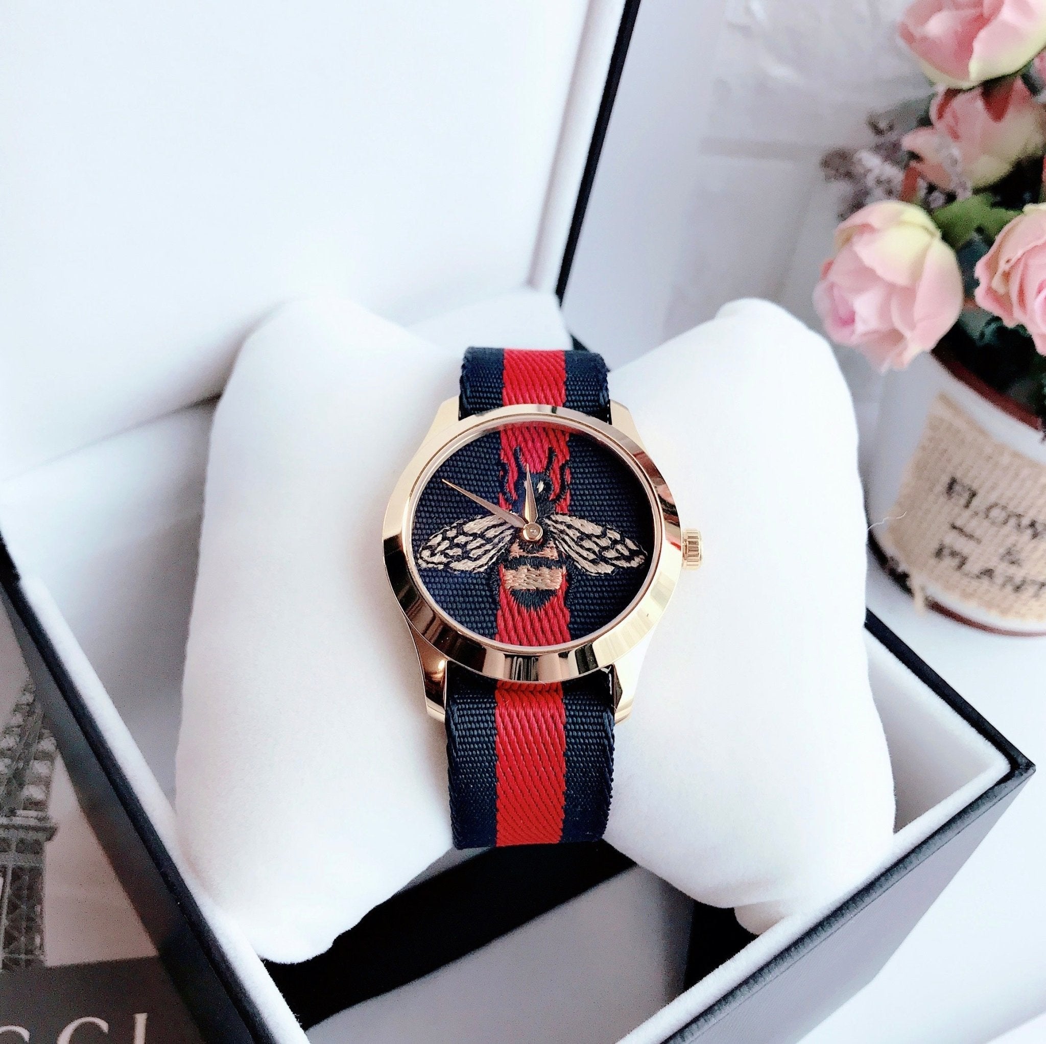 Gucci G Timeless Bee Red & Blue Dial Red Two Tone Nylon Strap Watch For Men - YA1264061 Watches Gucci   