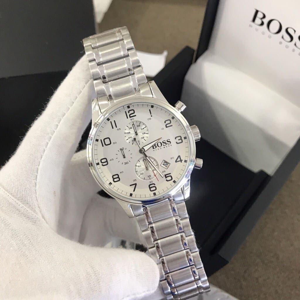 Hugo Boss Aeroliner Chronograph White Dial Silver Steel Strap Watch for Men - 1513182 Watches Hugo Boss   