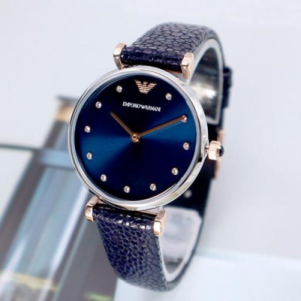 Emporio Armani Gianni T Bar Analog Blue Dial Black Leather Strap Watch For Women - AR1989 Watches Emporio Armani   