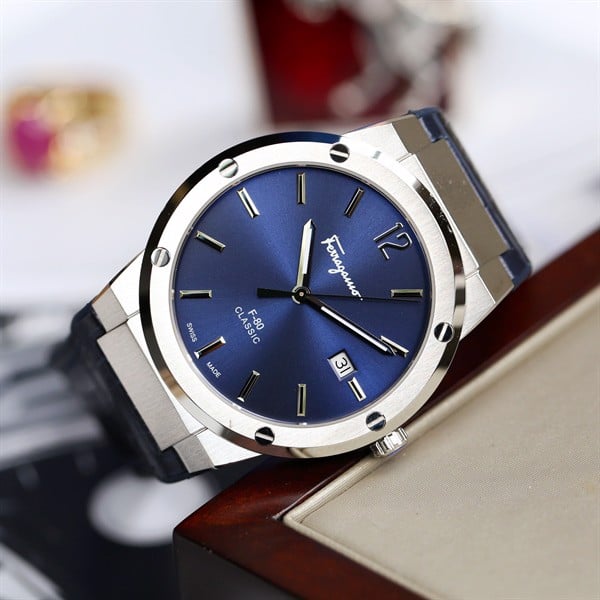 Salvatore Ferragamo F-80 Classic Blue Dial Blue Leather Strap Watch for Men - SFDT00319 Watches Salvatore Ferragamo   