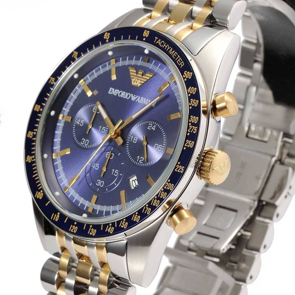 Emporio Armani Tazio Chronograph Blue Dial Two Tone Stainless Steel Watch For Men - AR6088 Watches Emporio Armani   