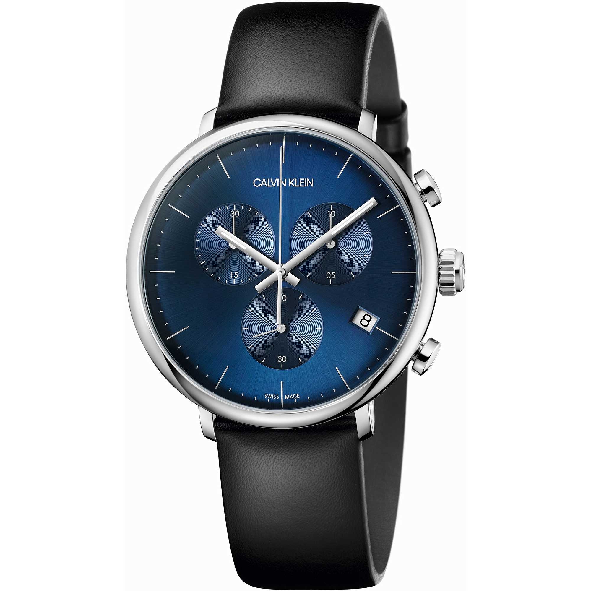 Calvin Klein High Noon Chronograph Blue Dial Black Leather Strap Watch for Men - K8M271CN Watches Calvin Klein   