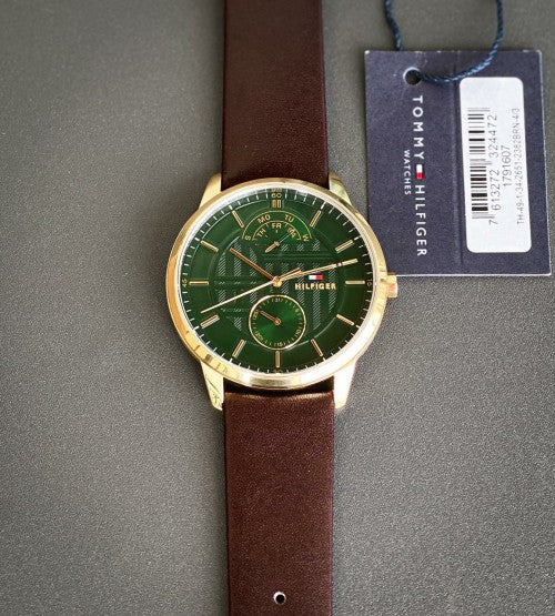 Tommy Hilfiger Hunter Green Dial Brown Leather Strap Watch for Men - 1791607 Watches Tommy Hilfiger   