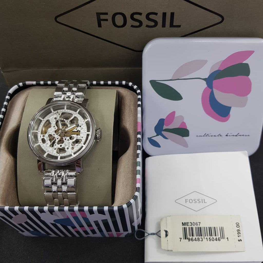 Fossil Boyfriend Automatic Skeleton Silver Dial Silver Steel Strap Watch for Women - ME3067 Watches Fossil   