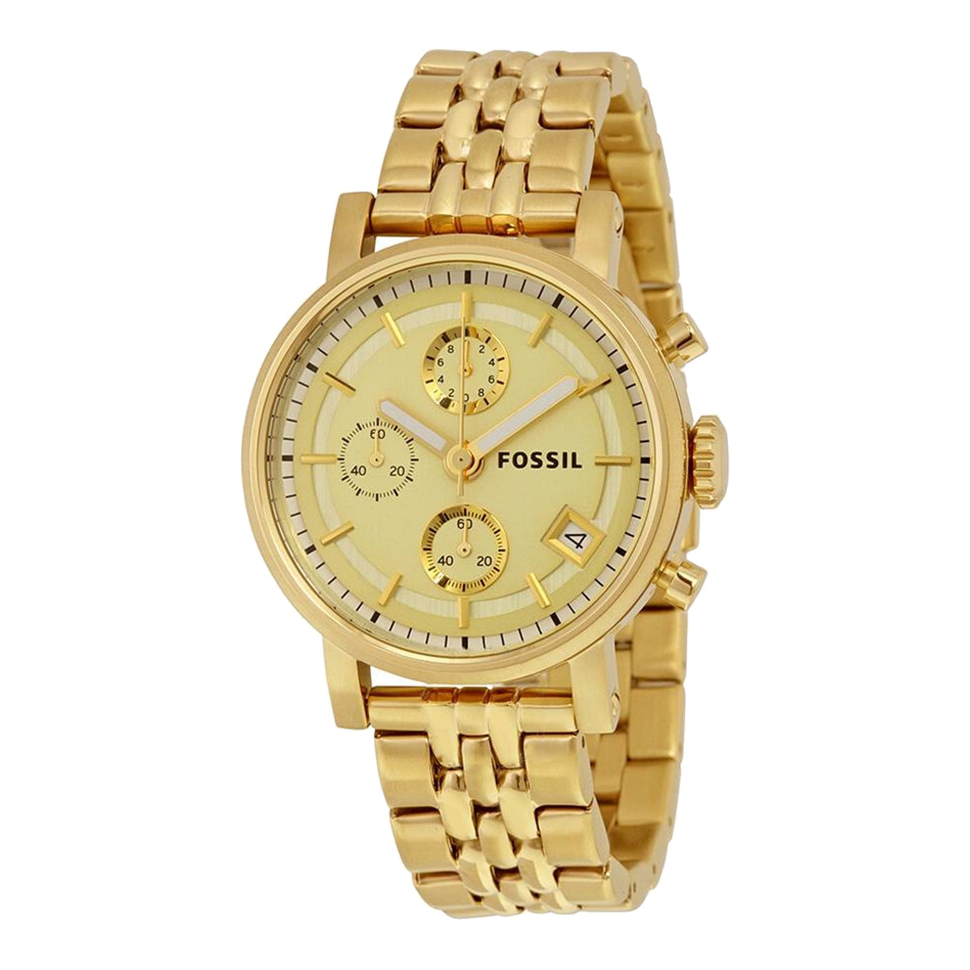 Fossil Boyfriend Chronograph Gold Dial Gold Steel Strap Watch for Women - ES2197 Watches Fossil   
