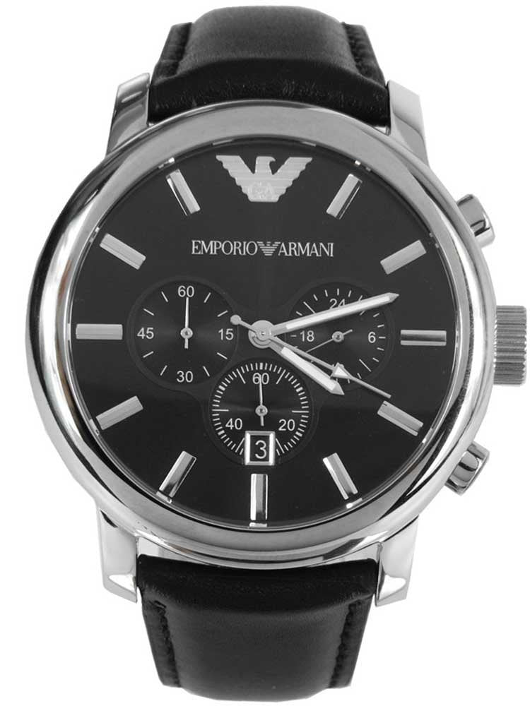 Emporio Armani Classic Chronograph Black Dial Black Leather Strap Watch For Men - AR0431 Watches Emporio Armani   