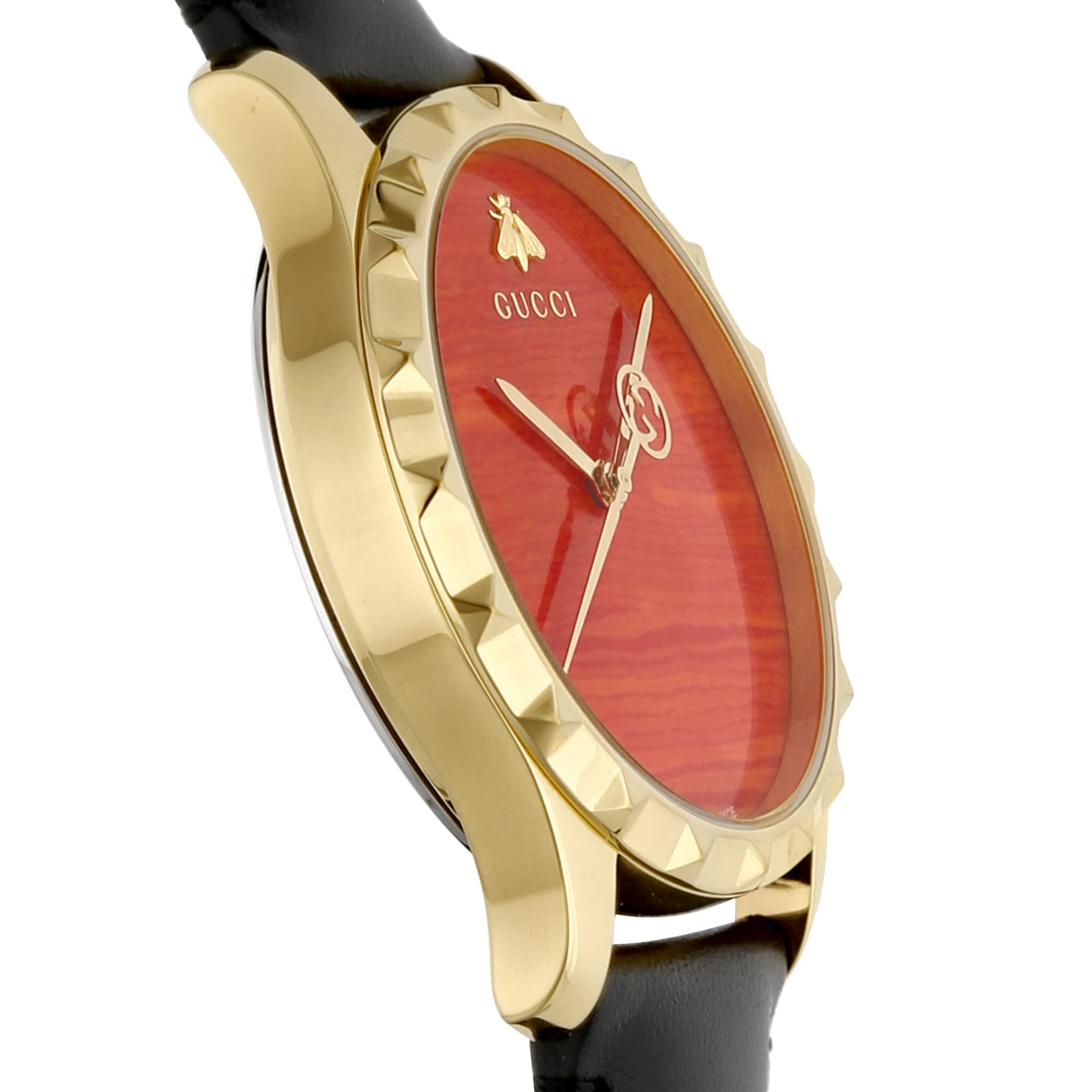 Gucci G Timeless Coral Red Dial Black Leather Strap Watch For Men - YA126464 Watches Gucci   