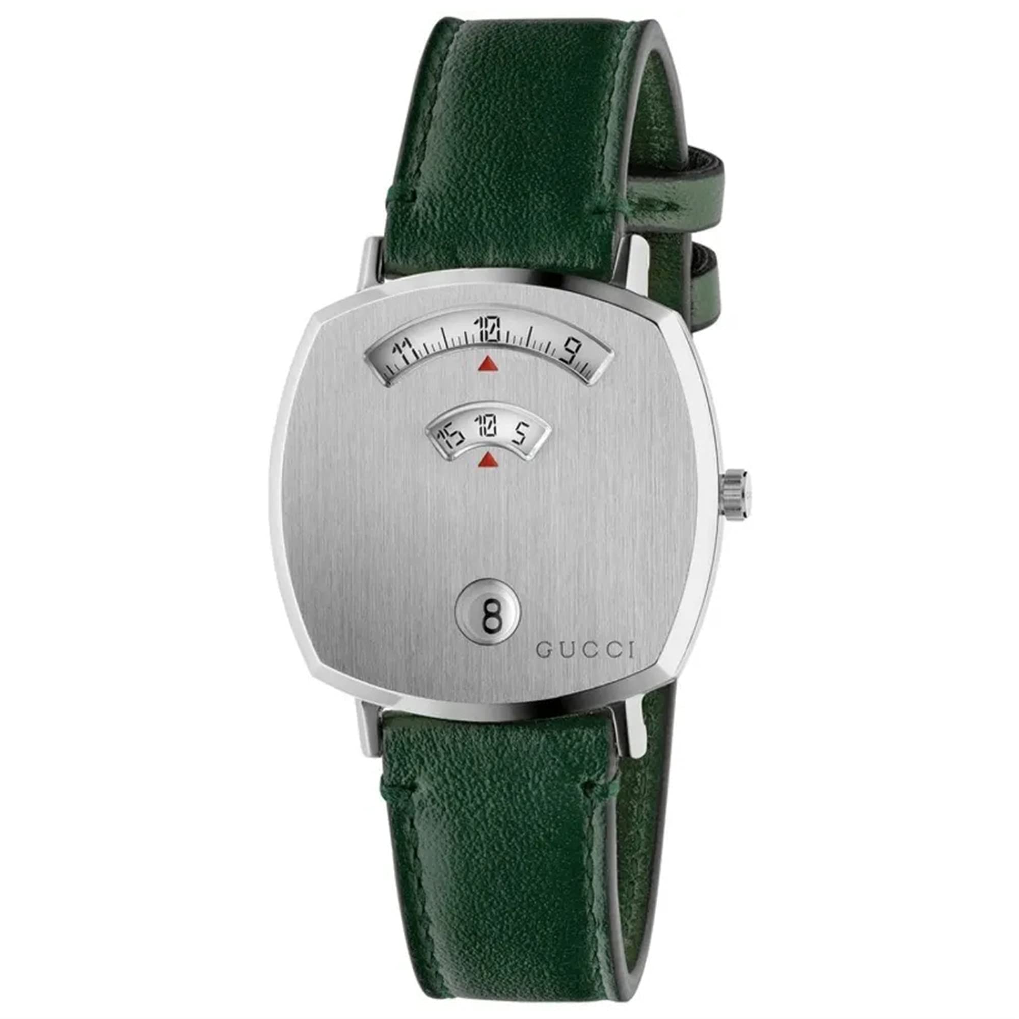 Gucci Grip Silver Dial Green Leather Strap Unisex Watch - YA157412 Watches Gucci   