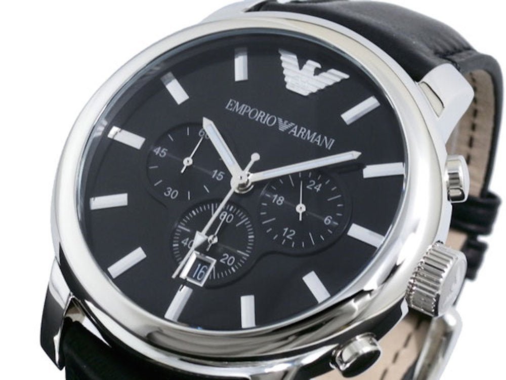 Emporio Armani Classic Chronograph Black Dial Black Leather Strap Watch For Men - AR0431 Watches Emporio Armani   