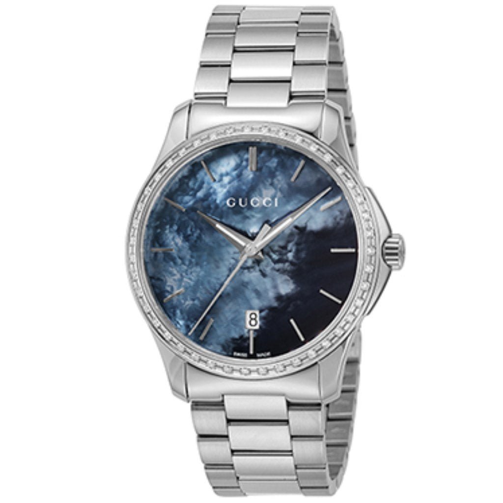 Gucci G Timeless Diamonds Mother of Pearl Blue Dial Silver Steel Strap Unisex Watch - YA126458 Watches Gucci   