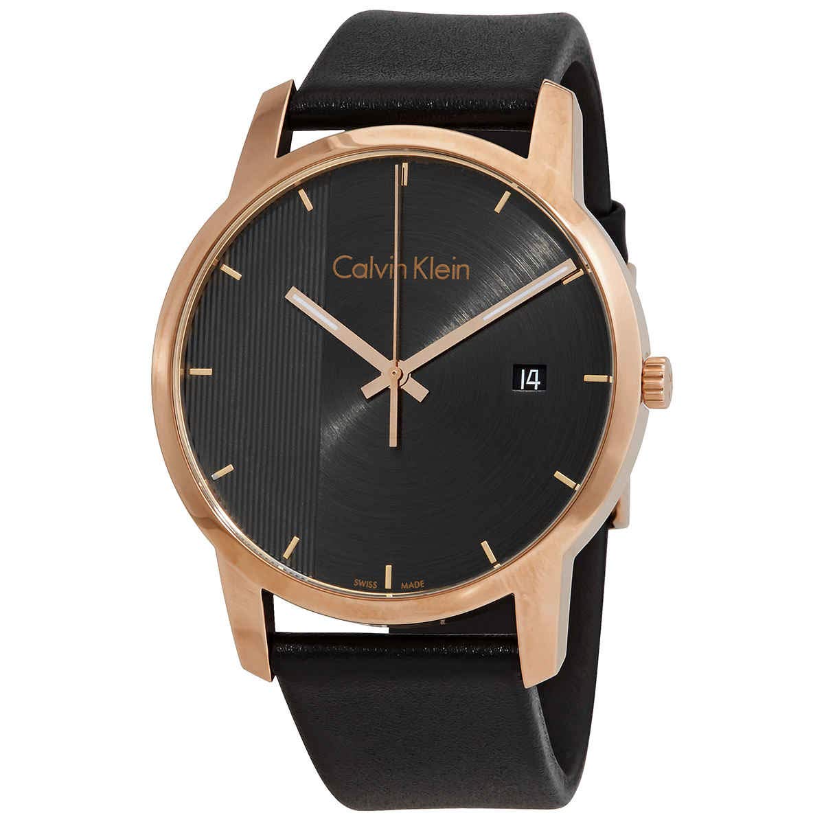 Calvin Klein City Quartz Grey Dial Black Leather Strap Watch for Men - K2G2G6C3 Watches Calvin Klein   