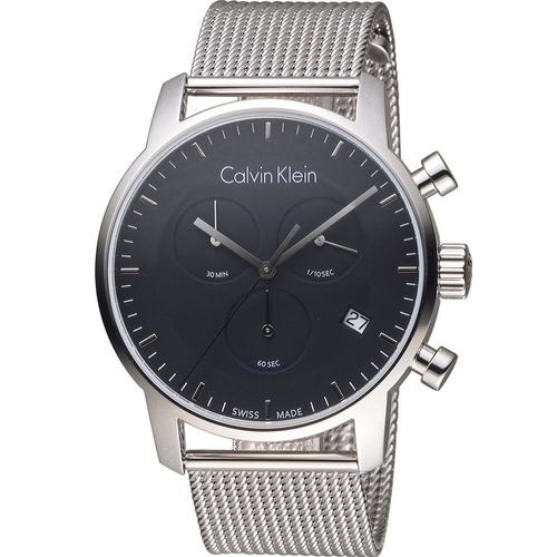 Calvin Klein City Chronograph Black Dial Silver Mesh Bracelet Watch for Men - K2G27121 Watches Calvin Klein   