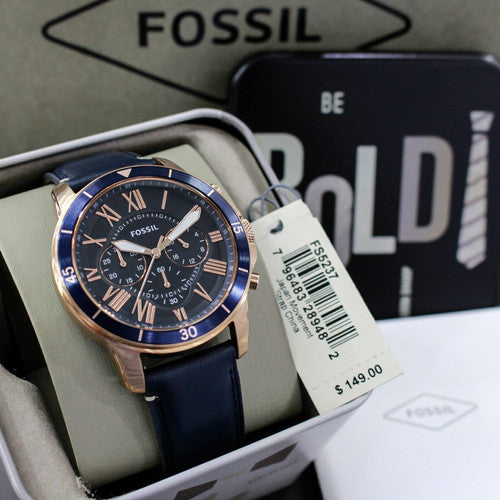 Fossil Grant Sport Chronograph Blue Dial Blue Leather Strap Watch for Men - FS5237 Watches Fossil   