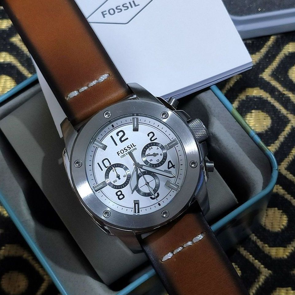 Fossil Modern Machine White Dial Brown Leather Strap Watch for Men - FS4929 Watches Fossil   