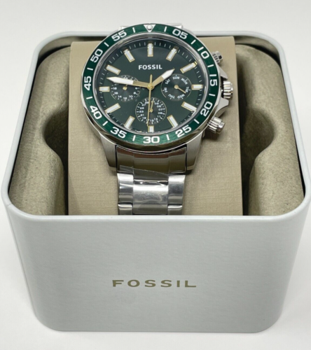 Fossil Bannon Chronograph Green Dial Silver Steel Strap Watch for Men - BQ2492 Watches Fossil   