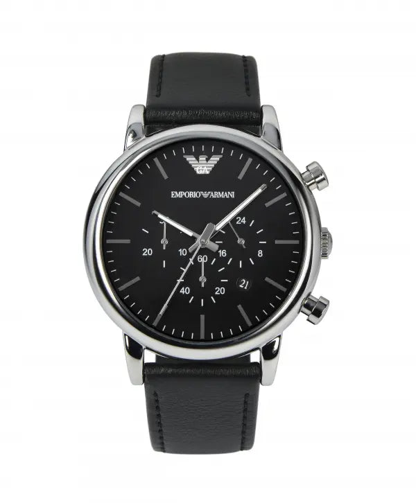 Emporio Armani Classic Chronograph Black Dial Black Leather Strap Watch For Men - AR1733 Watches Emporio Armani   