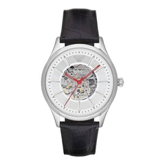 Emporio Armani Meccanico Silver Skeleton Dial Black Leather Watch For Men - AR1997 Watches Emporio Armani   