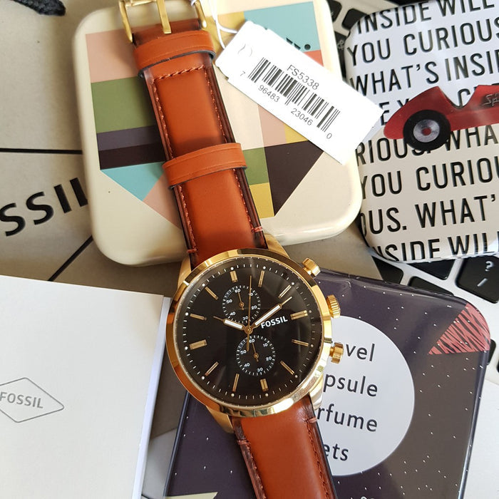 Fossil Townsman Chronograph Black Dial Brown Leather Strap Watch for Men - FS5338 Watches Fossil   